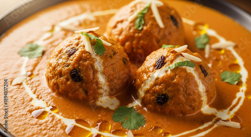 Rich and creamy Indian kofta meatballs bathed in a vibrant, aromatic tomato curry sauce, elegantly garnished with fresh herbs, presenting a delicious authentic gourmet culinary dish