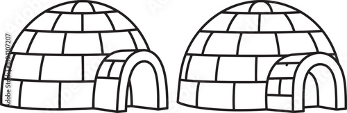 Two outline igloos for winter scenes, representing arctic homes and cold weather environments, black and white illustration