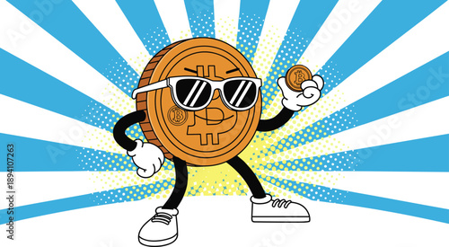 Cartoon Bitcoin character, cryptocurrency mascot, digital coin illustration, fun crypto art, Bitcoin with sunglasses, energetic background, crypto concept, stock image