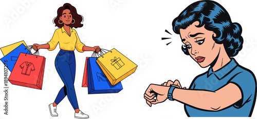 Cartoon women illustration, shopping and waiting contrast, emotional expressions, colorful bags, wristwatch anxiety, lifestyle scene, modern fashion, stock image