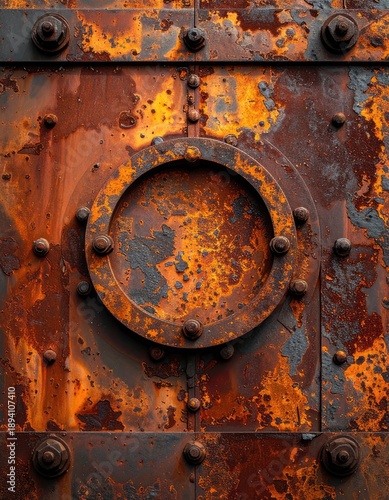 A close-up abstract view of heavily rusted metal plating featuring a bolted circular hatch.