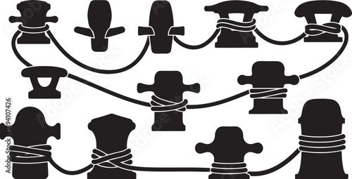 Black silhouettes of bound objects with ropes and wires