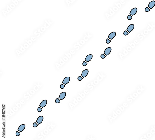 Human footprints walking trail in fresh snow on light blue background, minimal illustration concept of journey solitude and winter atmosphere