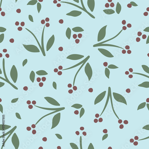 Hand-drawn tossed floral buds seamless vector pattern background. Simple scattered red green flowers on a light blue backdrop. Modern simple botanical style for packaging, gifting,