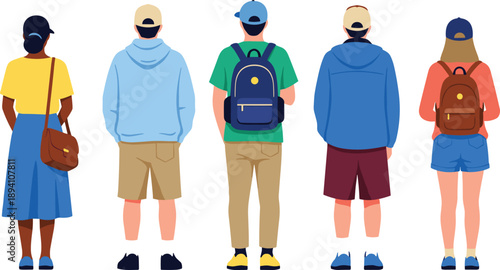 Professional black business silhouettes standing together with flat vector commuters in winter clothing and young travelers with backpacks from behind.