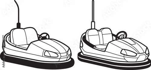 Two bumper cars in a cartoon style, black and white outline illustration for funfair, amusement park, and entertainment themes