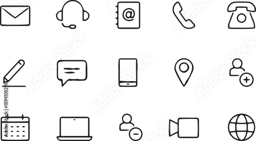 Contact, address line icon set. Mail, telephone adress, message symbol for website button. Editable stroke thin line design icon set