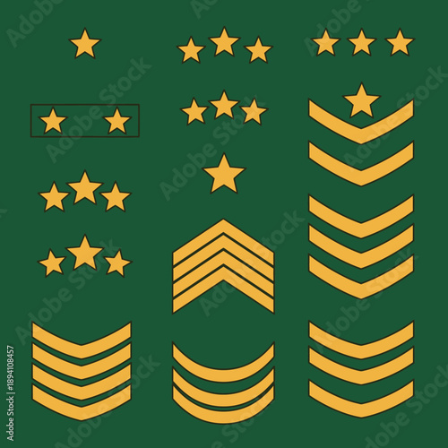 Military Rank Insignia Collection on Green Background - Stars and Chevrons