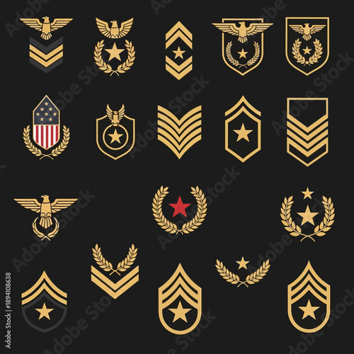 Military Insignia Collection: Rank Badges, Emblems, and Chevrons on Black Background