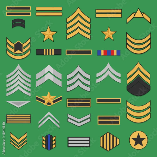 Military Rank Insignia Collection: Chevrons, Stripes, and Stars on Green Background