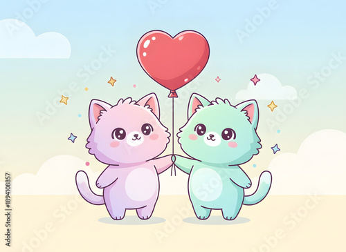 Kawaii Cat Couple Holding Heart Balloon – Cute Valentine Artwork © Creative Loop