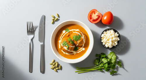 Creamy Indian curry with fresh cilantro, ripe tomatoes, cardamom pods, and crumbled cheese, beautifully presented on a grey background