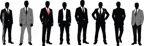 Black silhouettes of diverse business people standing in line, professional group of men and women in suits and formal wear.