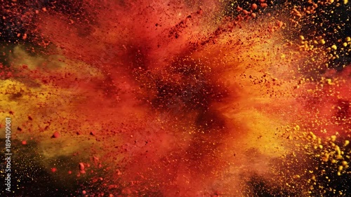 Explosion of vibrant yellow and red powder colliding against a stark black background creating a dynamic abstract cloud formation with fine particles scattered in motion