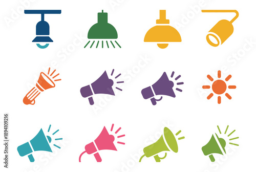Megaphone icon set. colorful loudspeaker designs in bright hues, marketing promotion concept, communication announcement vector illustration.