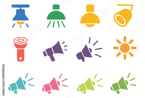 Megaphone icon set. colorful loudspeaker designs in bright hues, marketing promotion concept, communication announcement vector illustration.