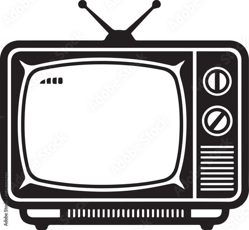 Vintage Retro Television Icon Classic Black and White Vector Illustration of an Analog TV Set with Antenna and Manual Dials