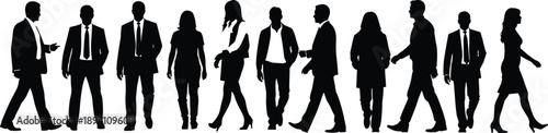 Black silhouette vector set featuring a diverse group of professional men and women walking in formal suits and casual clothing, (20 words)