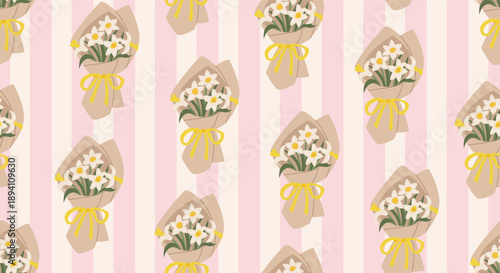 Spring seamless pattern with daffodil flowers wrapped in kraft paper on striped background. Botanical vector flat illustration of floral bouquets 