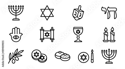 Set of 12 Minimalist Jewish and Hanukkah Line Icons Including Menorah, Star of David, Dreidel, Torah, Hamsa, Shabbat Candles, and Sufganiyot; Vector Illustration for Religious Holiday Celebrations.