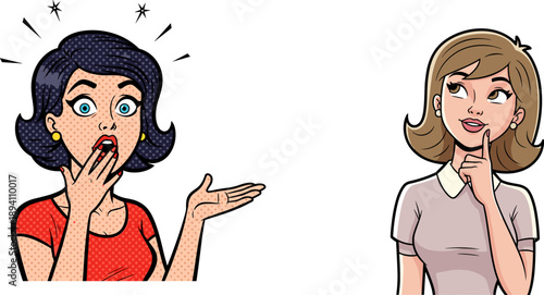 Surprised woman with blue hair, thoughtful friend beside, pop art style, emotional expressions, vibrant colors, cartoon illustration, bold lines, white background, reaction scene