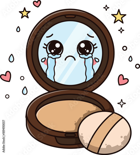 Kawaii Compact Powder Crying Sad Emotion Cosmetic Mascot Cute Makeup Doodle Vector Illustration