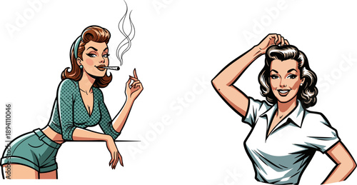 Retro pin-up women illustration, vintage fashion pose, confident and cheerful expressions, cigarette detail, nostalgic style, mid-century aesthetic, stock image