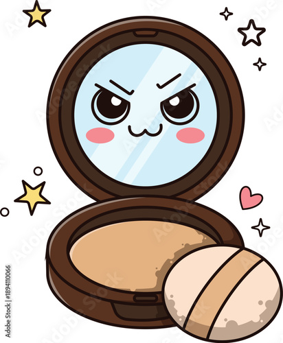 Kawaii Compact Powder Mischievous Naughty Emotion Cosmetic Mascot Cute Makeup Doodle Vector