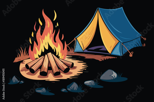 Professional hiking camping vector artwork for outdoor recreation, nature travel and adventure themed designs.