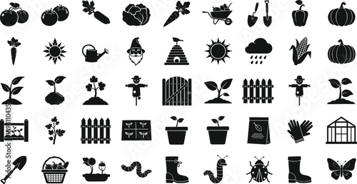 Black silhouettes of gardening tools and vegetables on white background