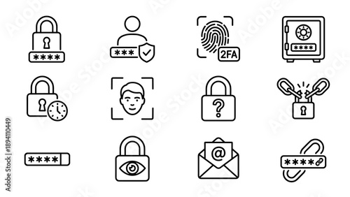 Vector set of password protection and cybersecurity line icons featuring padlocks, biometric authentication, 2FA, face recognition, safe box, and secure login elements for web and app design.