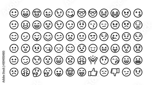 Large Set of Minimalist Vector Reaction Emojis and Smileys Line Icons. Unique Facial Expressions, Emoticons, and Hand Gestures for Social Media, Chat, and Web Design on a Clean White Background.