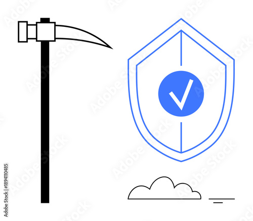 Cybersecurity concept. Cybersecurity by a shield with a checkmark symbol, a mining pick, and cloud elements. Cybersecurity for data protection, mining, and online systems. Relevant for IT, cloud