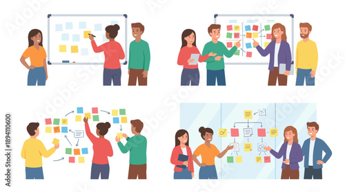 Vector illustration set of four scenes featuring diverse business teams brainstorming and collaborating using colorful sticky notes on whiteboards to plan projects, organize ideas and strategy.