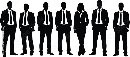 Successful businessman wearing white suit and red tie standing confidently in flat minimalist vector style isolated on black background background