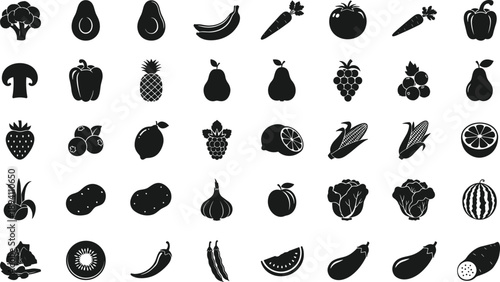Collection of fresh fruit and vegetable icons in black silhouette
