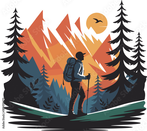 Professional hiking camping vector artwork for outdoor recreation, nature travel and adventure themed designs.