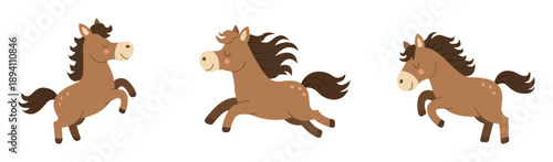 A set of cute horse illustrations in various running and jumping poses, created in a simple, clean, and modern flat cartoon style. Ideal for children's designs, storybooks, posters, stickers, branding