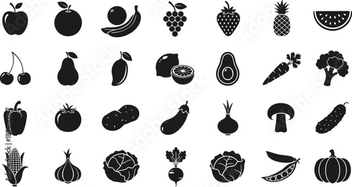 Collection of various fruits and vegetables icons