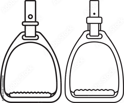 Pair of equestrian stirrups, simple outline vector illustration for horse riding and sports.