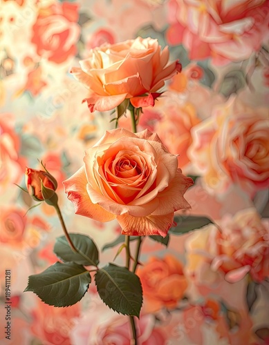 Wallpaper Mural A soft-focus, vertical composition featuring two prominent peach-colored roses against a bokeh background of similar blooms. Torontodigital.ca