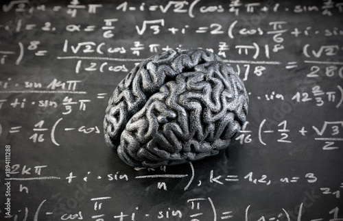 Human brain model with mathematical equations on scholl chalkboard. Science, education and learning concept.