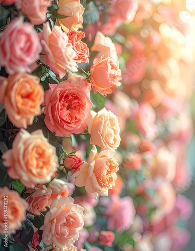 Wallpaper Mural A vibrant vertical close-up of blooming peach and pink roses bathed in bright sunlight. Torontodigital.ca