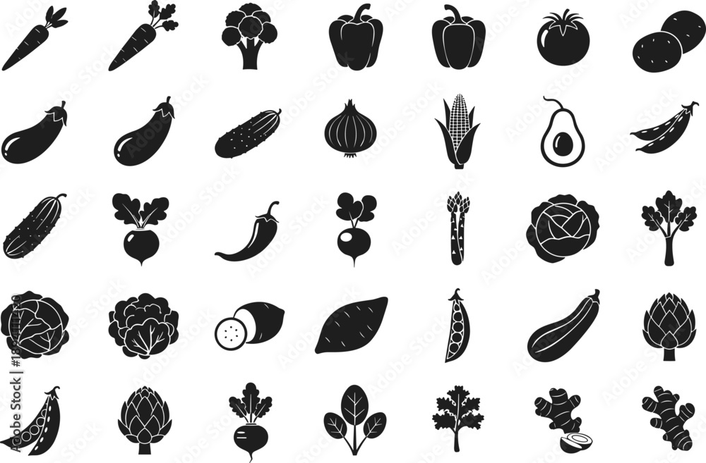 Fototapeta premium Variety of fresh vegetables and fruits in black silhouette icons