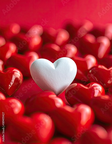 Wallpaper Mural A single white heart stands out among many glossy red hearts on a vibrant red background. Torontodigital.ca