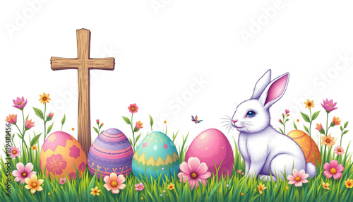 Easter Symbol: Easter eggs and bunny symbolizing rebirth and new beginnings, surrounded by a cross, symbolizing faith. A vibrant scene celebrating renewal and hope.