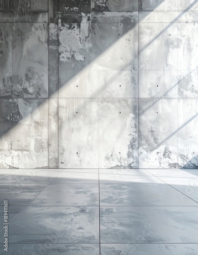 Wallpaper Mural Minimalist interior space featuring distressed concrete walls and a polished tiled floor illuminated by diagonal sunlight. Torontodigital.ca