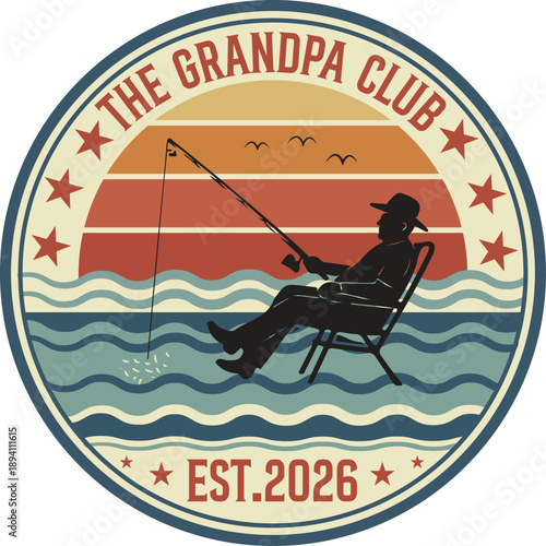 Vintage style badge featuring a fisherman and sunset landscape design