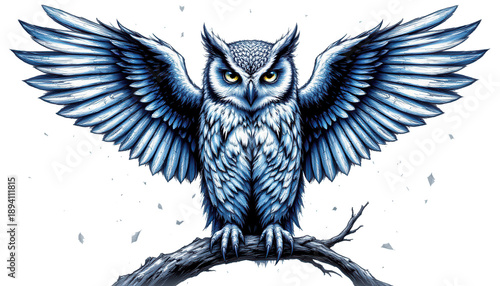 Majestic Owl in Flight: This artwork presents a stunning owl with wings spread wide, perched gracefully on a branch, showcasing the beauty and strength of nature