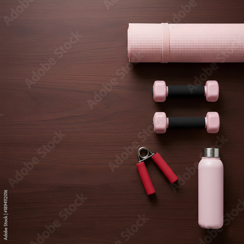 Wallpaper Mural Flat Lay of Pink Fitness Equipment and Exercise Gear Including Yoga Mat, Dumbbells, Hand Gripper, and Water Bottle on Dark Wood Background with Copy Space for Wellness and Healthy Lifestyle Concepts Torontodigital.ca